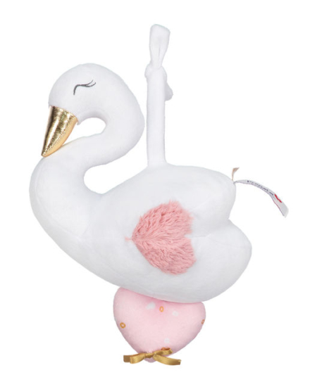 Dit lieve muziekdoosje heeft de vorm van een zwaan en is uit de serie Pastel Gold van Prenatal. Het muziekdoosje speelt het liedje rock a bye baby.