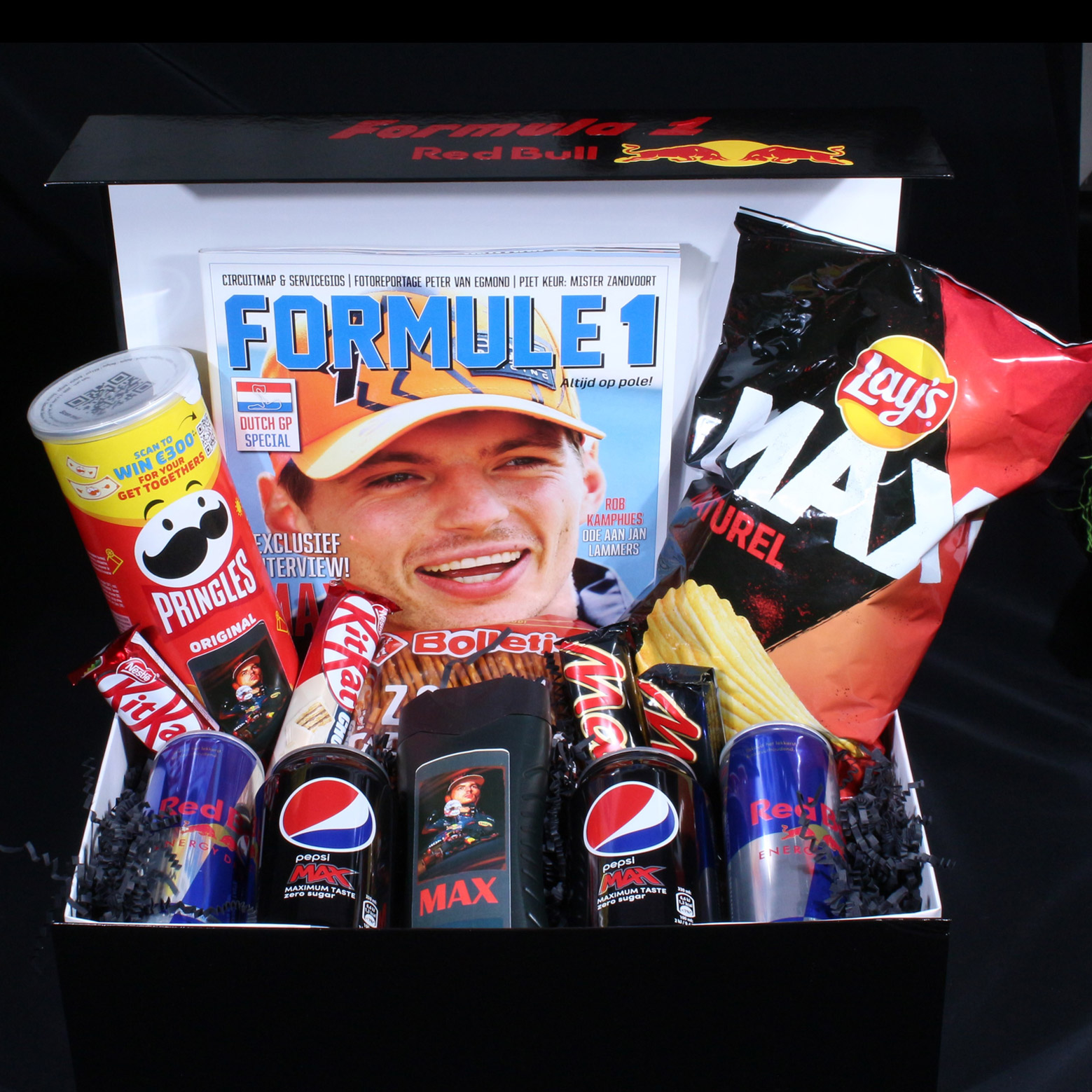 Cadeaupakket Max Verstappen. Lekker smullen bij de Formule 1