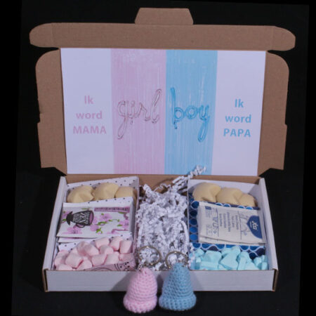Zwangerschaps cadeautje door de brievenbus - Boy or Girl? Wordt het roze of blauw? Dit is een leuke zwangerschaps pakketje voor de a.s. mama en papa