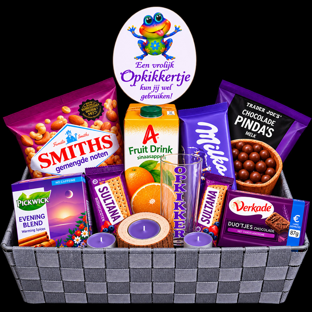 Beterschapmand Een Vrolijke Opkikker met chocolade, koekjes, noten en OPKIKKER-glas